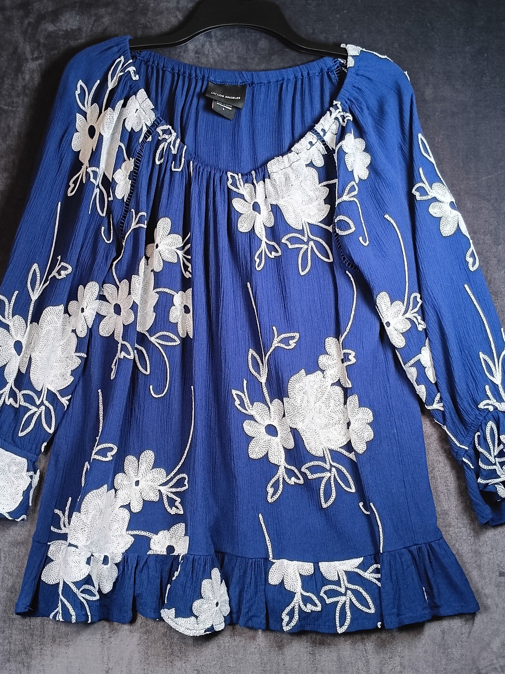 LIV Los Angeles Blue And White Floral Embroidered Peasant Tunic. Long Sleeves.